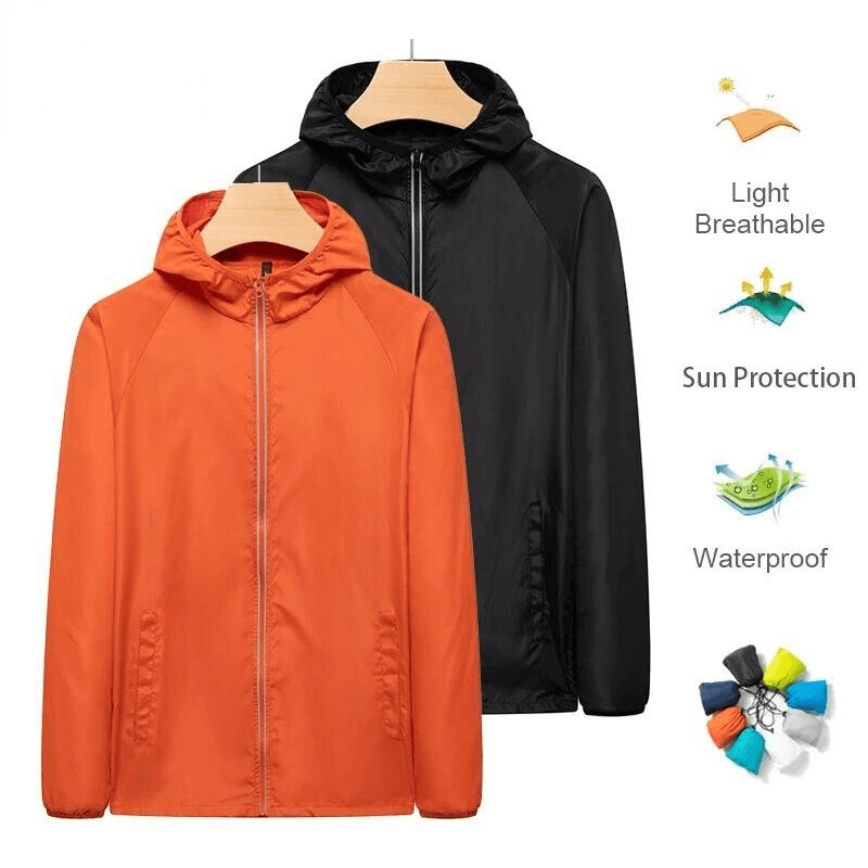 Orange and black women's waterproof reflective jackets with sun protection, ideal for camping and hiking, featuring breathable material.